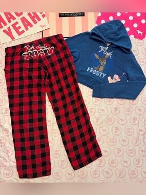 VS PINK VINTAGE Y2K SET HOODIE & PJ PANTS “PINK & FROSTY” DEER BLING PLAID RARE